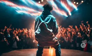 A performer stands with their back to the camera on a stage, facing a cheering, blurred crowd under bright lights.