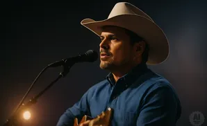 A man in a cowboy hat sings into a microphone while playing guitar.
