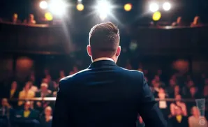 Man in a suit on stage facing an audience, with bright spotlights above.