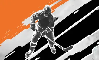 A hockey player in black and white with orange accents on a dynamic background.