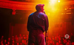Man in a cap and denim jacket on stage with a microphone, facing away from the camera, with a bright light behind him.