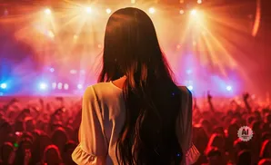 Woman with long dark hair facing a crowd at a concert with bright stage lights.