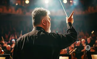 An orchestra conductor with a baton raised, leading a performance.