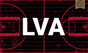 A black and red abstract basketball court design with a basketball logo.