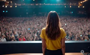 Woman in yellow t-shirt facing a large, blurred audience on a stage.