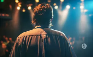 Back view of a person in a collared shirt on a stage, facing a blurred audience and bright lights.