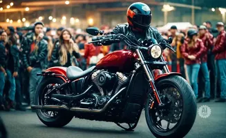 A biker in a helmet rides a red motorcycle, with a crowd of people in the background.