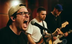 A man in a baseball cap and glasses sings loudly into a microphone, with two other musicians playing guitars behind him.