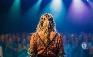 Woman with blonde hair in a braid, facing a blurred audience under colorful stage lights.