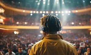 A person with dreadlocks wearing headphones faces a large, blurred audience in a concert hall.