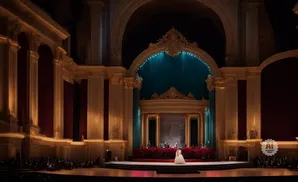 An opulent theater stage with a couple in wedding attire, an orchestra, and plush red seating.