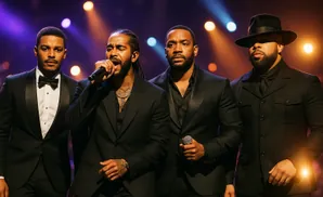 Four Black men in black formal wear on a dimly lit stage with colored lights.