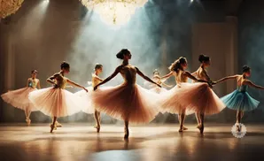 Ballerinas in pink and blue tutus dance on a stage under spotlights.