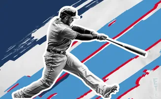A baseball player in mid-swing against a stylized background of blue, white, and red streaks.