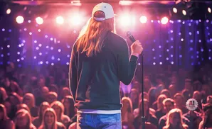 A comedian on stage with a microphone, facing a large, dimly lit audience with purple lights.
