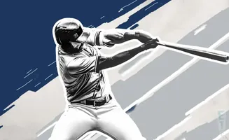Black and white illustration of a baseball player swinging a bat against a blue and grey background.