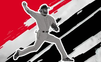A baseball pitcher in mid-throw against a red and black abstract background.