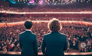 Two men in suits stand on a stage, facing a large, cheering audience in a theater.