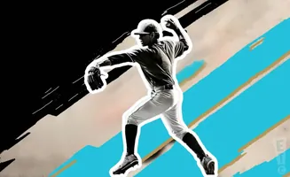 A baseball pitcher in mid-throw against a background of abstract black, tan, and teal shapes.