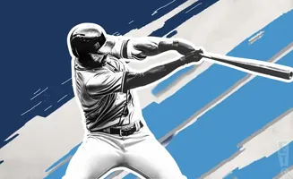A baseball player in mid-swing, silhouetted against a blue and white abstract background.