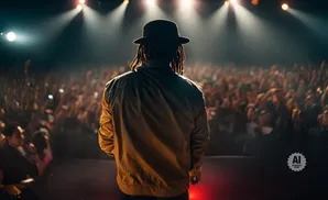 Back view of a person in a hat on a stage with a cheering crowd and stage lights.