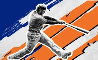 A baseball player swings a bat against an abstract background of blue, orange, and white stripes.