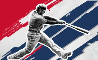 A baseball player swings at bat with a red, white, and blue abstract background.