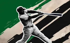 Baseball player swings bat against a backdrop of green and black stripes.