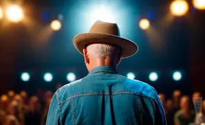 A man in a denim jacket and fedora faces away from the camera on a stage, with a blurred audience behind him.