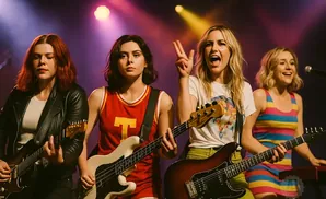 Four women play guitars and bass on stage under colorful lights.