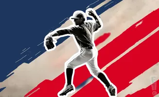A baseball pitcher throws a pitch with a stylized American flag background.
