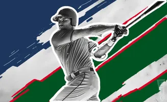A baseball player swings a bat against a backdrop of green, red, and blue stripes.