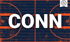 A basketball court with orange lines on a navy blue, distressed background. A basketball icon is in the top right corner.