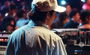 Person wearing a cap and light-colored shirt, seen from behind, operating DJ equipment in a crowded, dimly lit venue.
