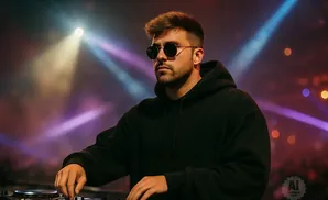 DJ in a black hoodie and sunglasses at a console, illuminated by stage lights.