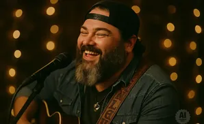 A man with a beard and a baseball cap laughs while playing a guitar and singing into a microphone.