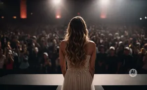 A woman in a white dress stands on a stage, facing a large, cheering audience in a dimly lit venue.