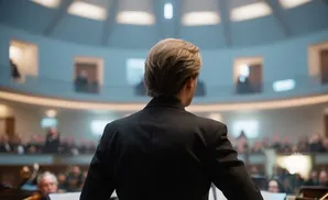 Conductor in a black suit faces an orchestra and audience in a circular concert hall.