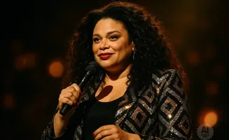 A Black woman with curly hair, wearing a sequined jacket, holds a microphone and smiles.