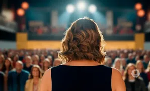 Woman with wavy hair addresses a large, blurred audience from behind.