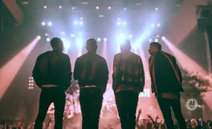 Four men in silhouette stand facing a brightly lit stage at a concert, with a crowd in the foreground.