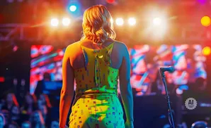 A woman with blonde hair stands facing a brightly lit stage with a microphone in the foreground.