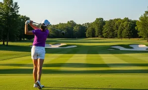 A woman in a purple shirt and white shorts swings a golf club on a sunny course.