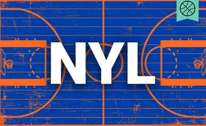 Basketball court with orange lines on a blue, textured background, and a basketball icon in the top right corner.