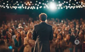 A man in a suit addresses a cheering crowd under stage lights.