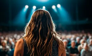 Woman with long, wavy brown hair facing a blurred audience, illuminated by stage lights.