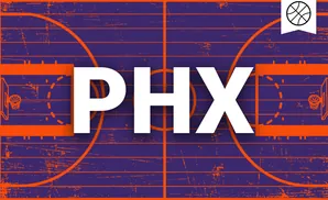 Basketball court lines and baskets on a scratched purple background, with a basketball logo in the upper right.