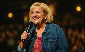 A smiling woman in a denim jacket holds a microphone and speaks into it.