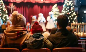 Family wearing hats and scarves watch a Christmas performance with decorated trees in the background.