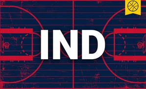 A stylized basketball court with red lines on a dark blue, distressed background. A yellow banner with a basketball icon is in the top right.